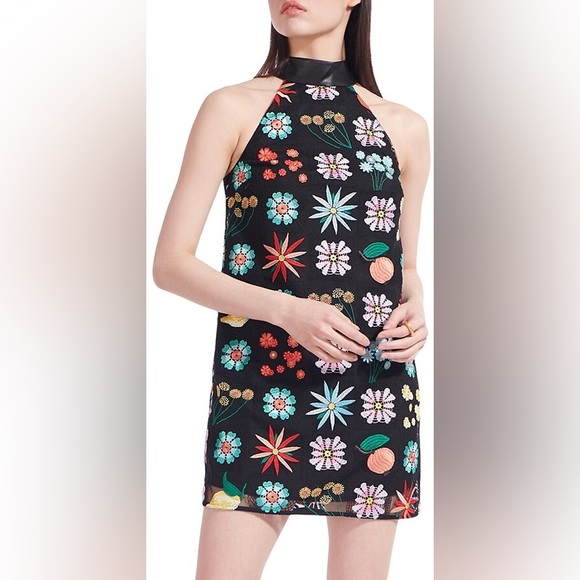 STAUD Sicily Georgette Mini Dress Black Multi Floral Patchwork Size 10 - Picture 1 of 9